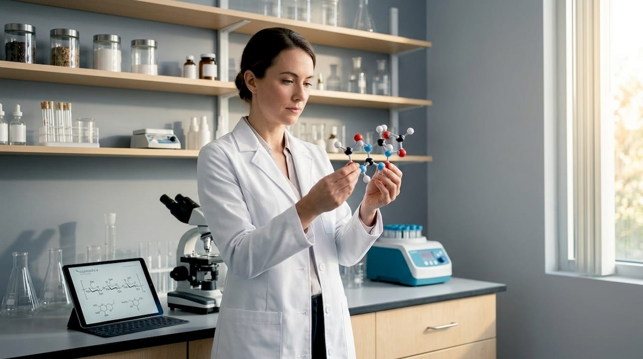 Scientist examining molecular model in lab