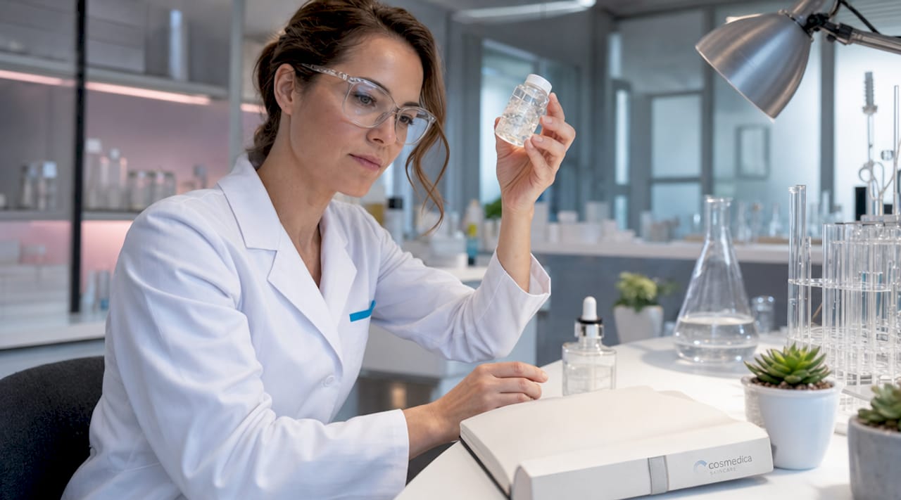 Cosmetic chemist inspecting hyaluronic acid gel