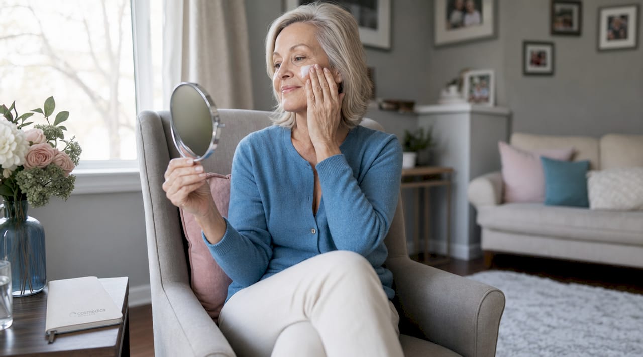 Senior woman moisturizing aging skin by mirror