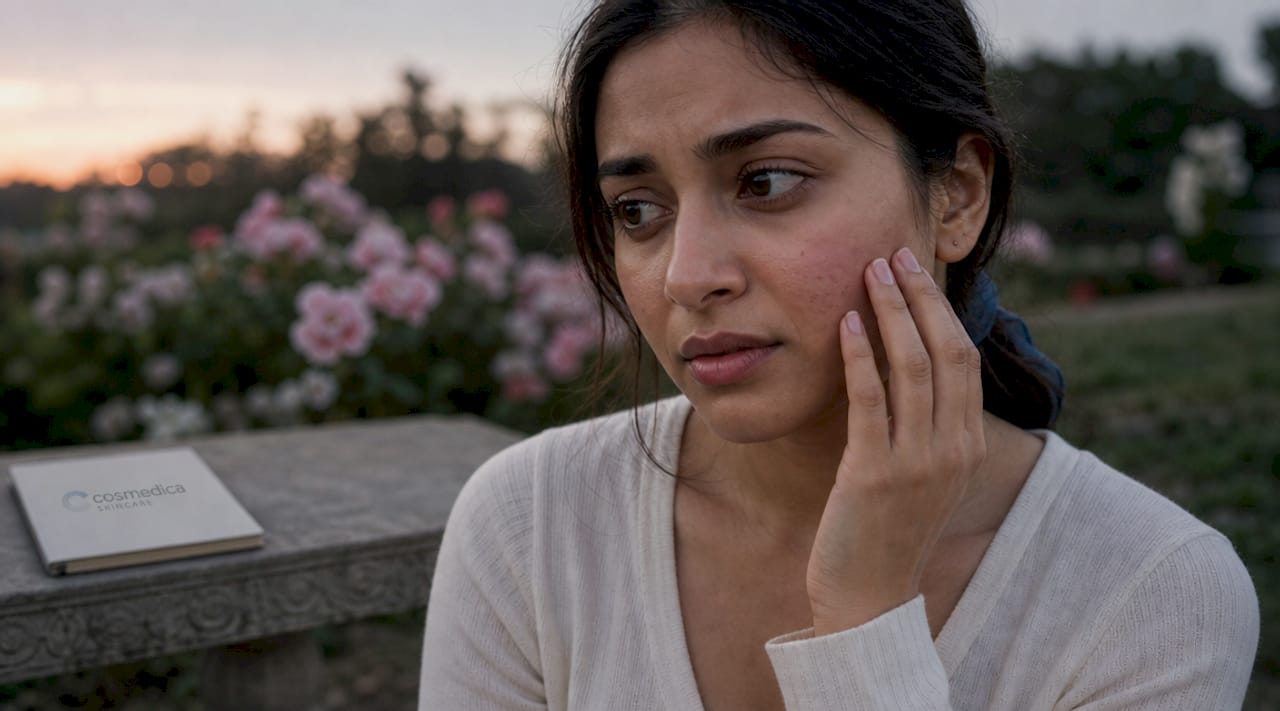 Woman examining sensitive skin symptoms