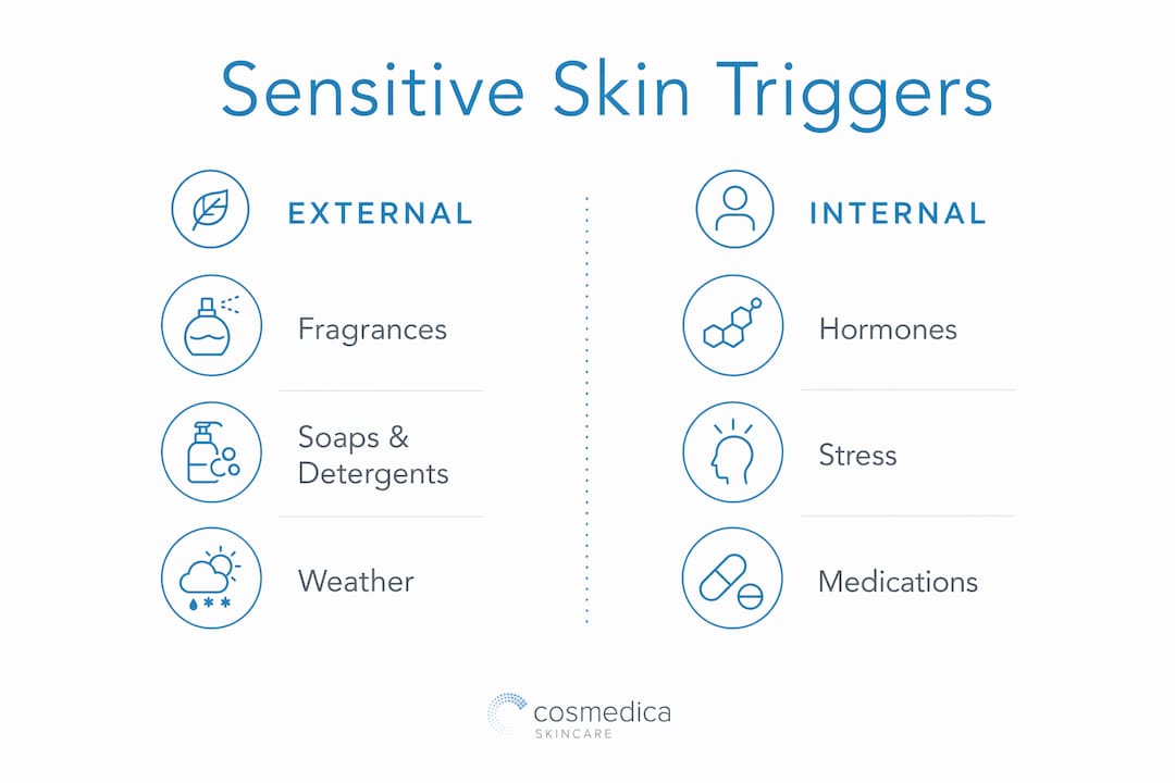 Infographic showing external and internal sensitive skin triggers