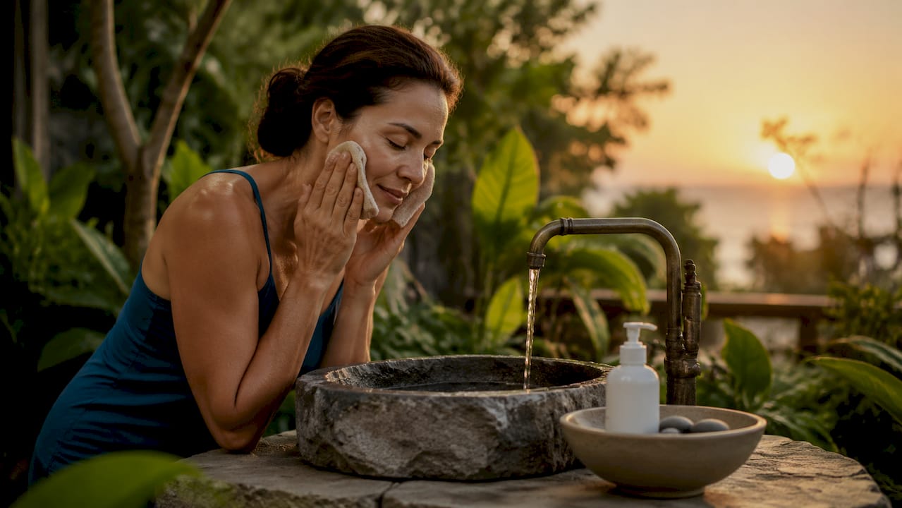 Woman gently cleansing face in bright bathroom