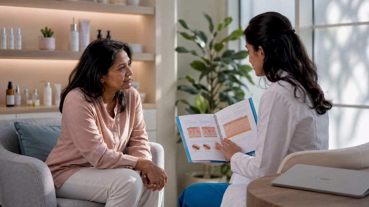 Dermatologist advising patient on skin barrier
