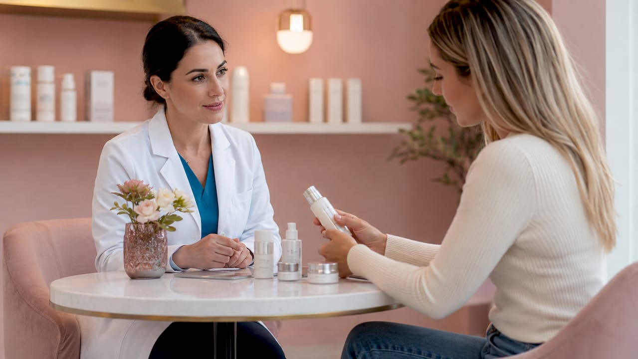 Dermatologist consulting patient about skincare