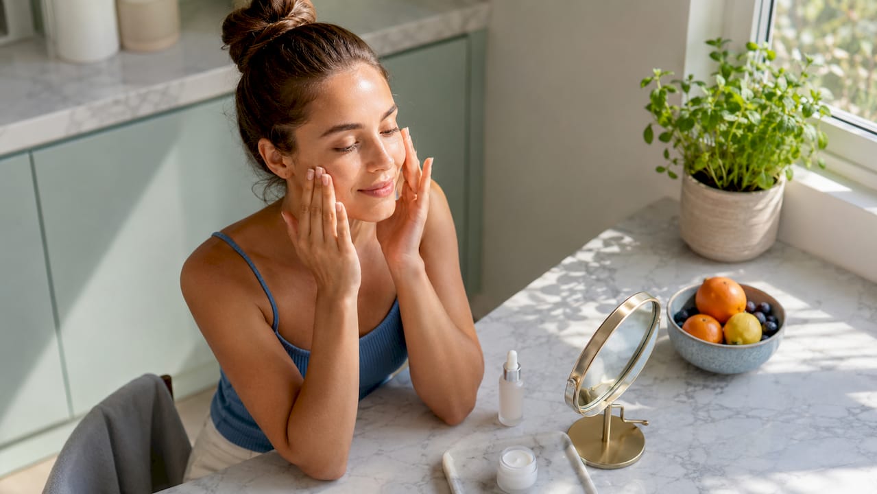 Woman applying facial serum in bathroom