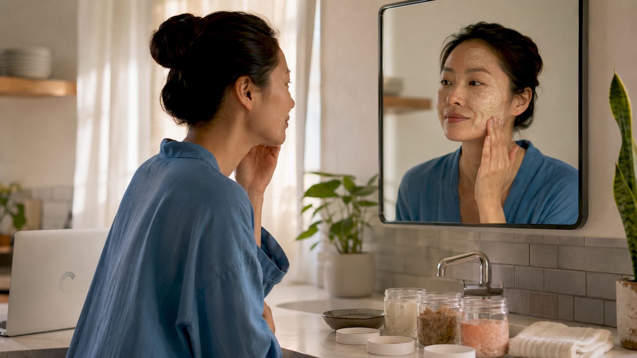 Woman applying facial exfoliator in bathroom