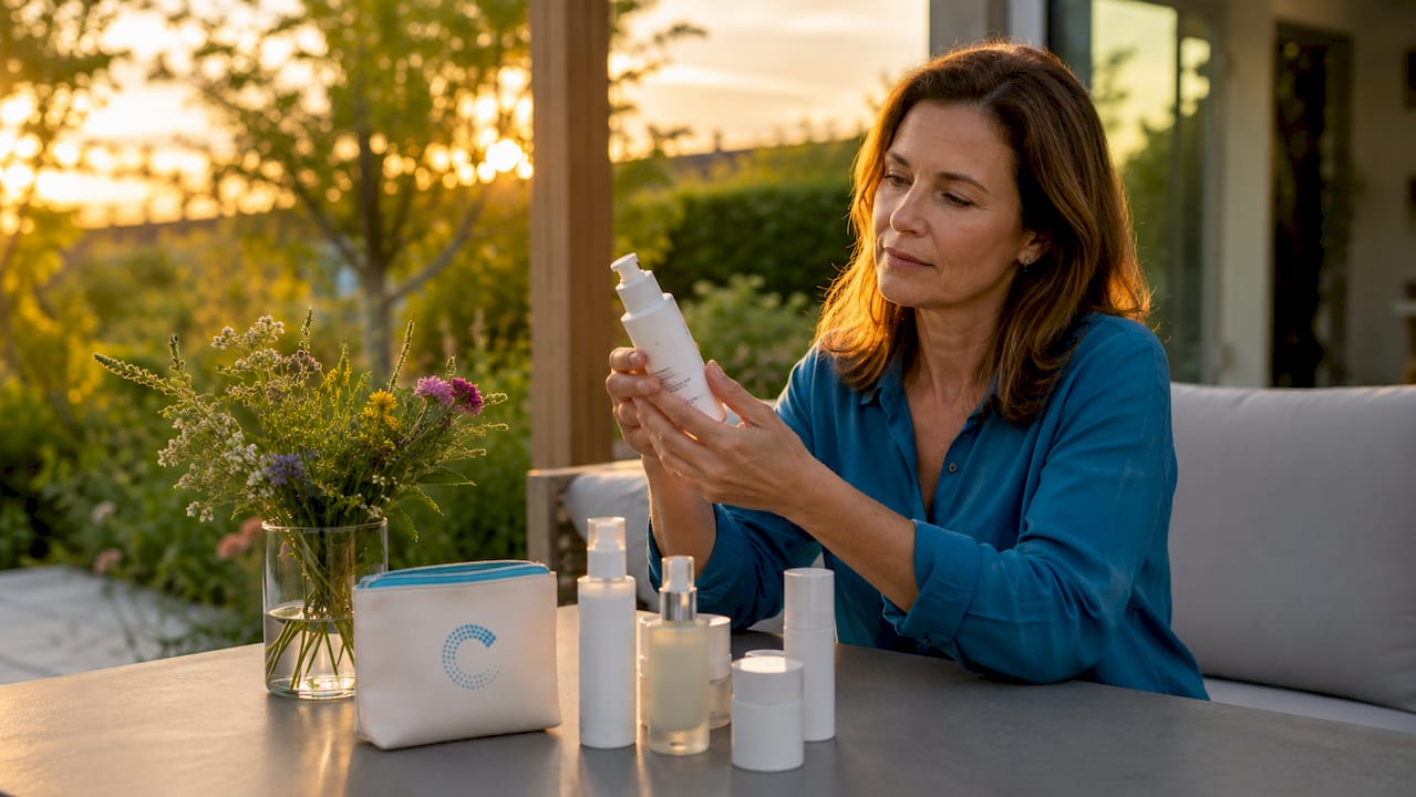 Woman checking skincare ingredient label at vanity