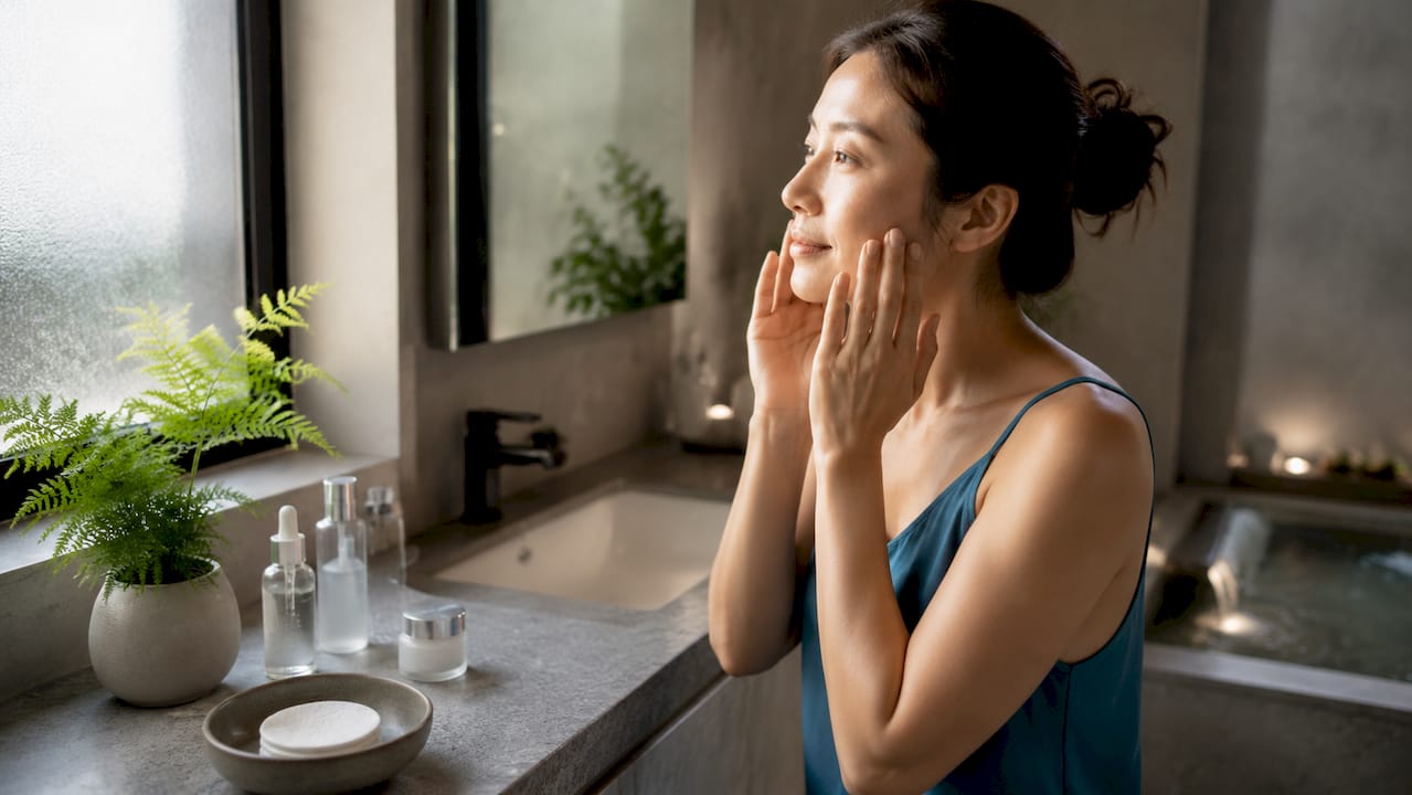 Woman applying vitamin C serum to face
