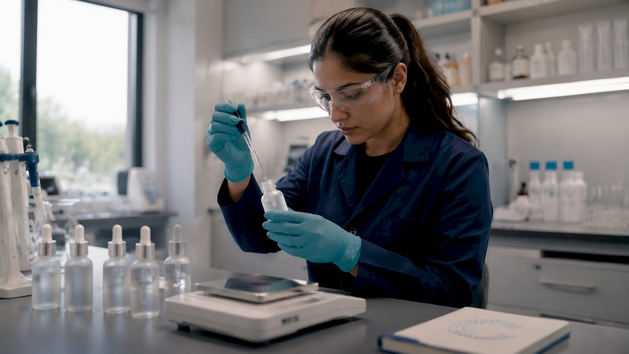 Lab technician preparing vitamin C serum