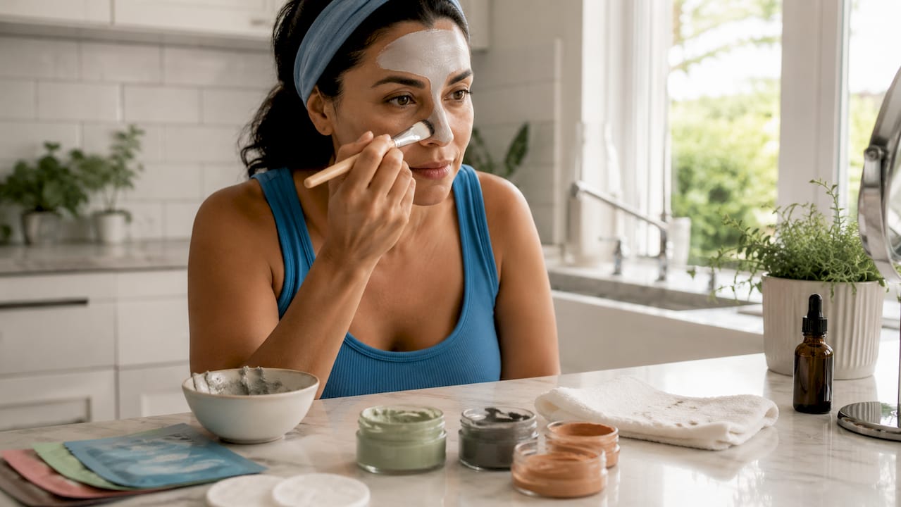 Woman applying clay face mask at vanity