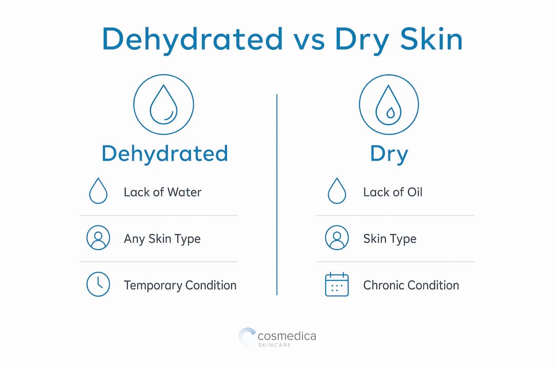 Infographic comparing dehydrated skin and dry skin