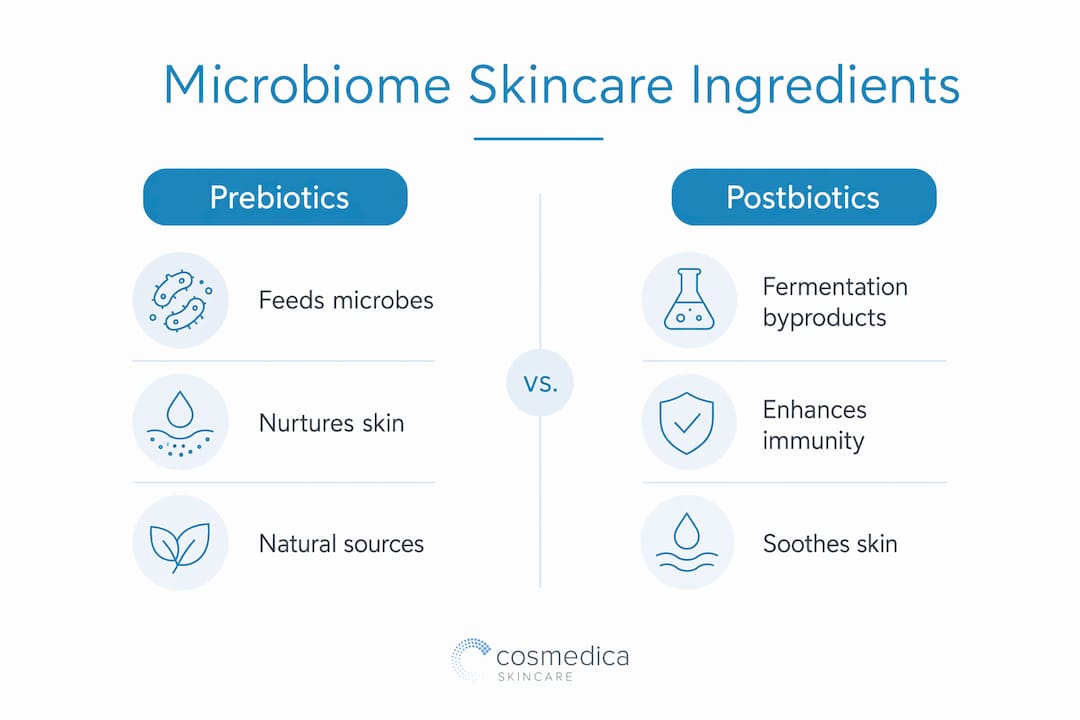 Infographic comparing prebiotics and postbiotics in skincare