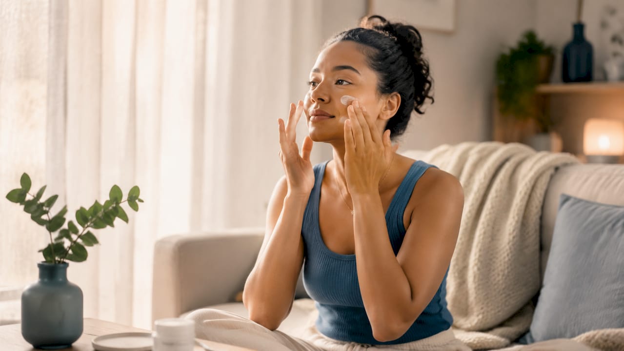 Woman applying moisturizer with water bottle in bathroom