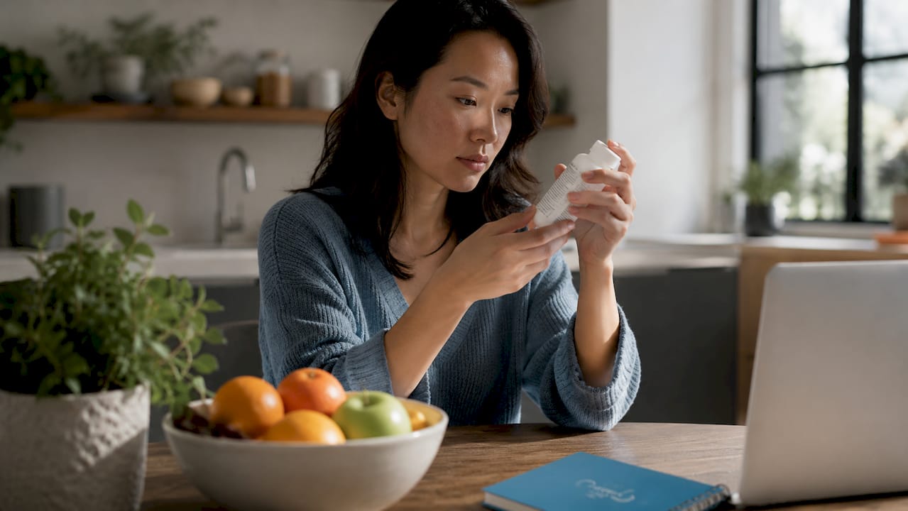 Woman examining skincare product ingredients carefully