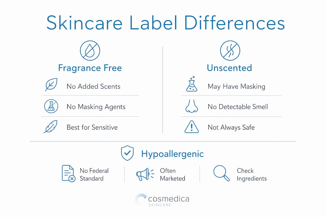 Infographic comparing fragrance free, unscented, and hypoallergenic skincare