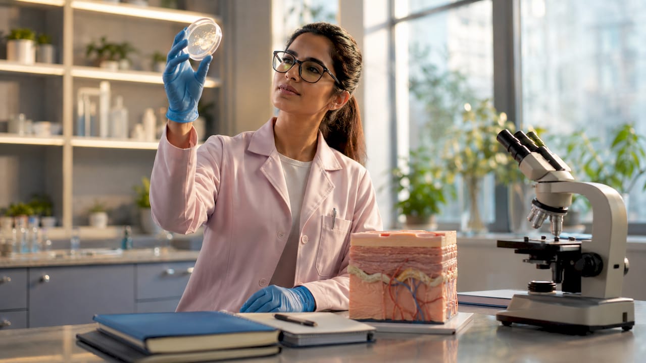 Scientist examining peptide serum in lab