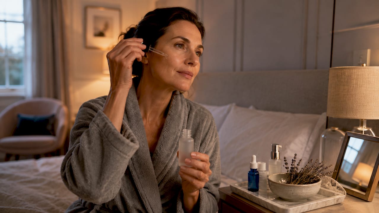 Woman applying serum to her face