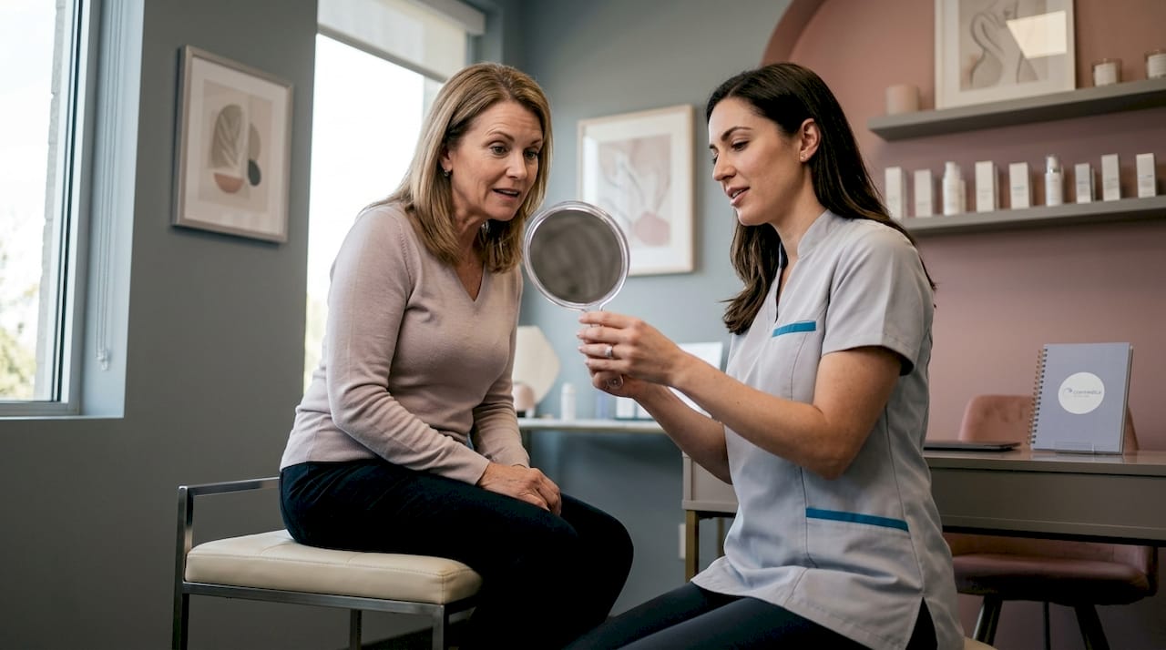 Dermatologist consulting with patient in clinic
