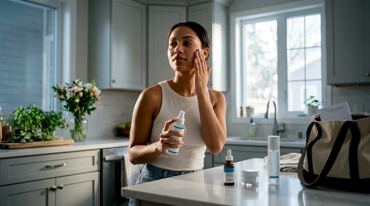 Woman misting face with skincare spray in bathroom