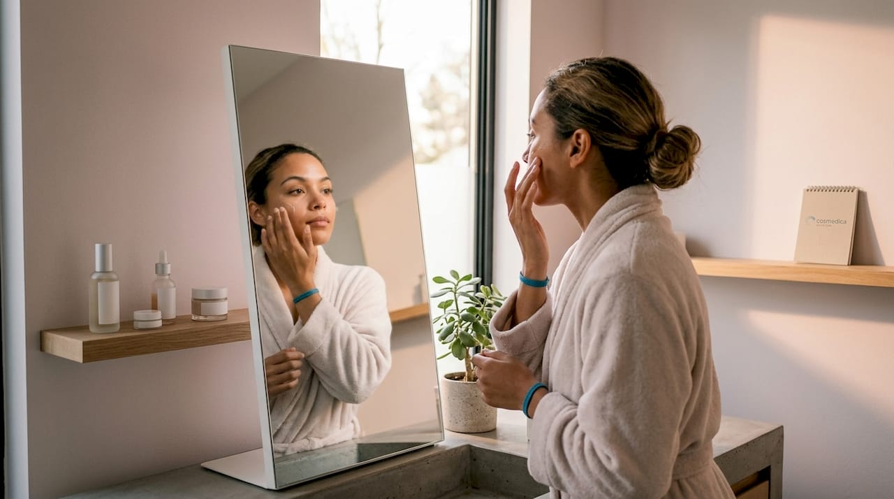 Woman applying acid serum in bathroom