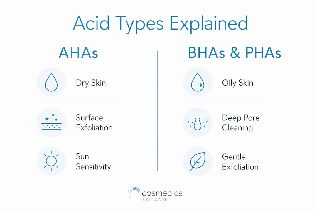 Infographic comparing AHA and BHA acid serum types