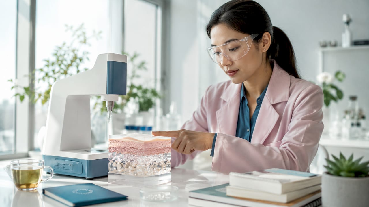 Skincare researcher examining skin hydration model