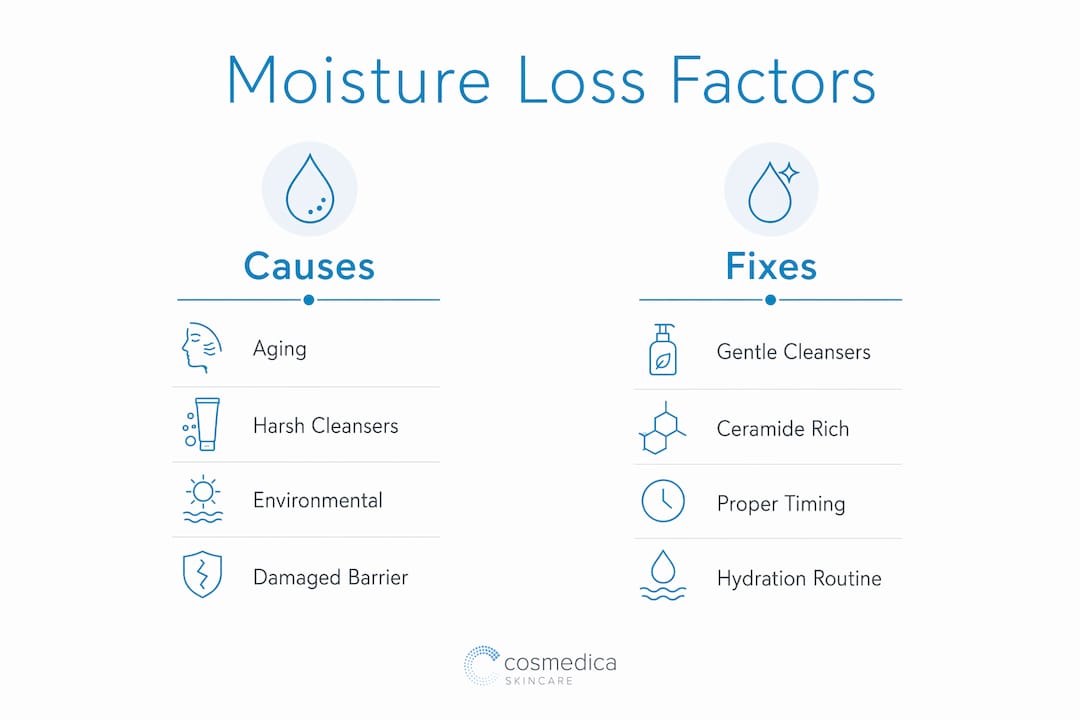 Infographic showing skin moisture loss causes and fixes