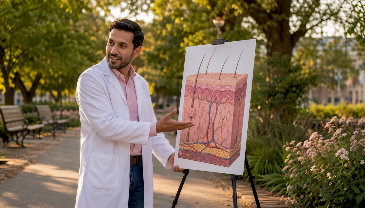 Dermatologist explaining skin aging outdoors