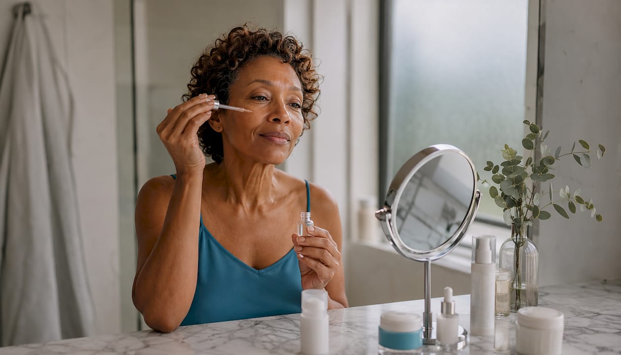 Hands applying skincare serum at vanity