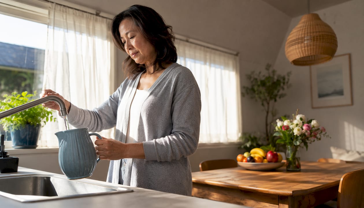 Woman filling water bottle in kitchen