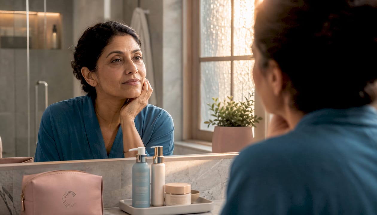 Woman examining aging skin in bathroom mirror