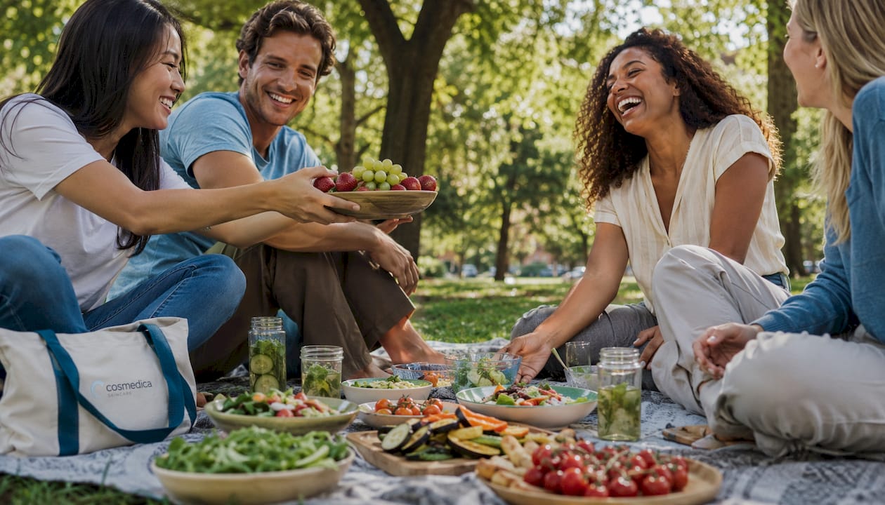 Friends enjoying healthy lunch outdoors