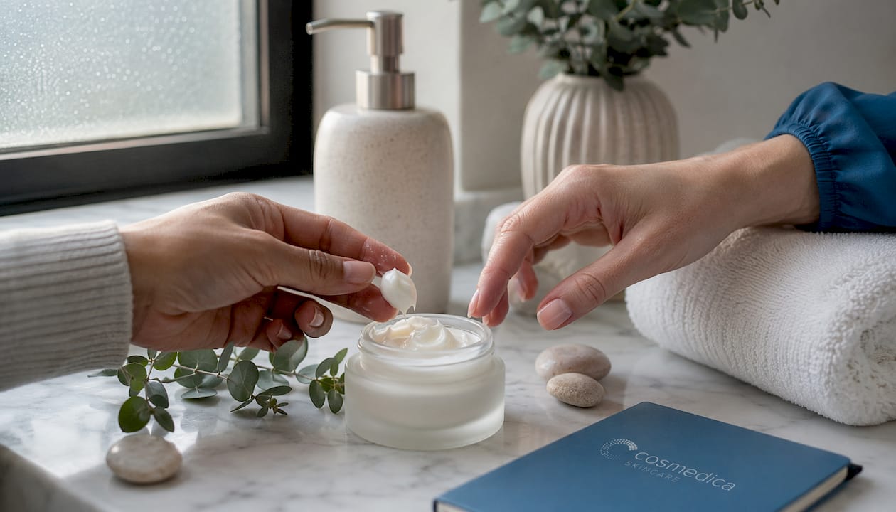 Hands scooping rich night cream in bathroom