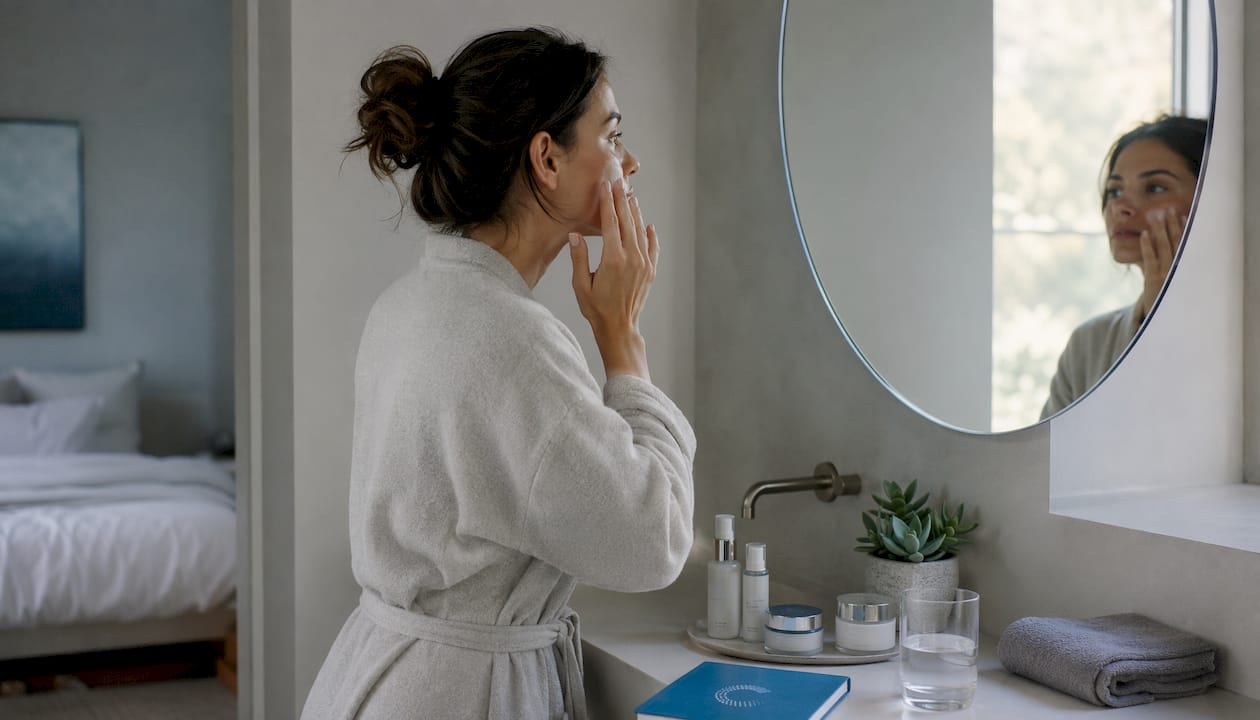 Woman applying night cream at vanity