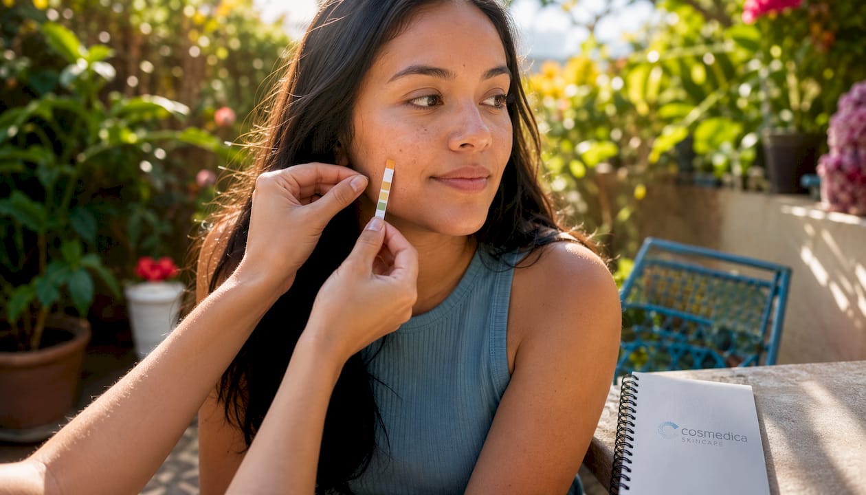 Close-up skin pH testing with strip