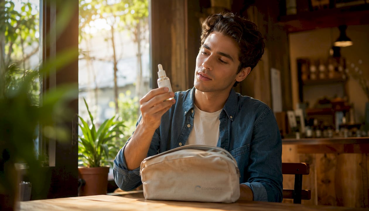 Man reading skincare label in store