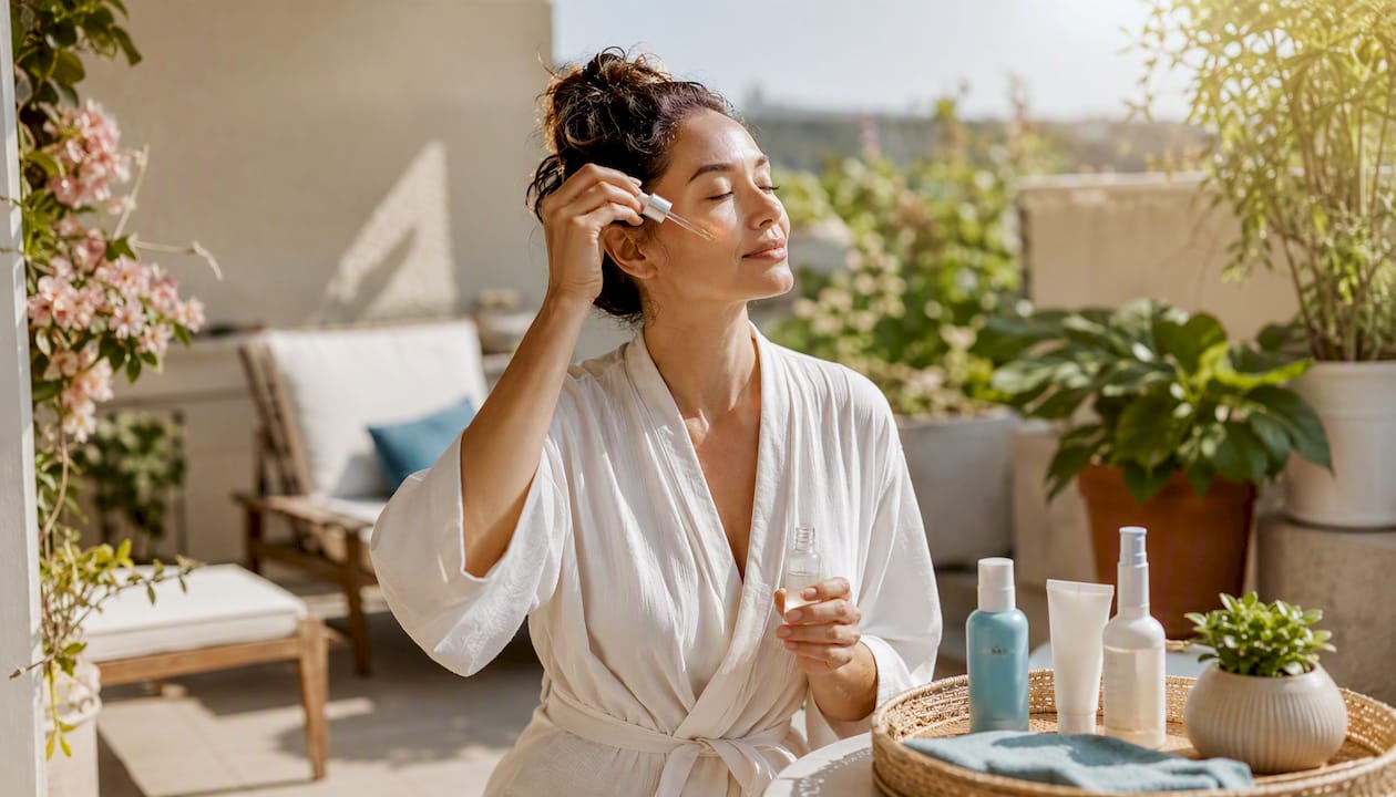 Woman applying serum in bathroom light