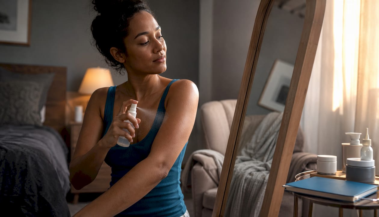 Woman spraying hyaluronic acid on arm