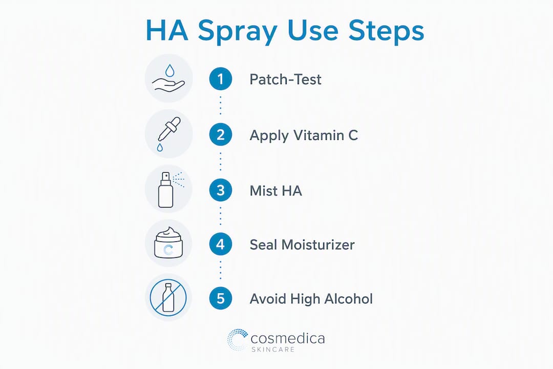Infographic outlining safe use steps of hyaluronic acid spray