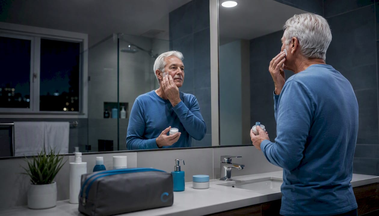 Senior man applying night cream at bedtime