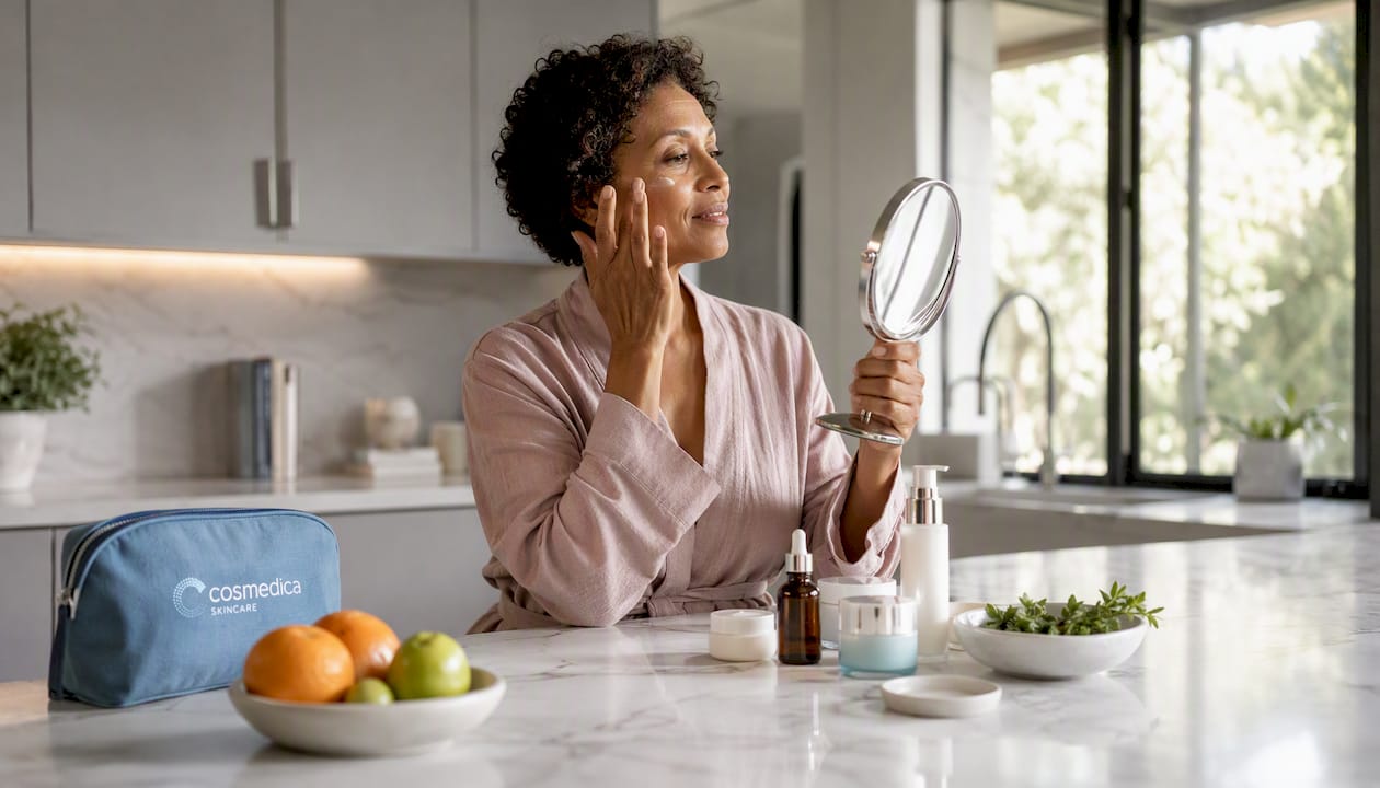 Woman applying day cream in bathroom