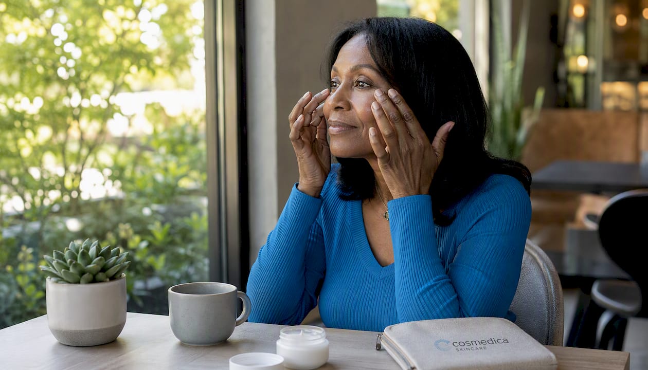 Mature woman applying rich peptide eye cream indoors