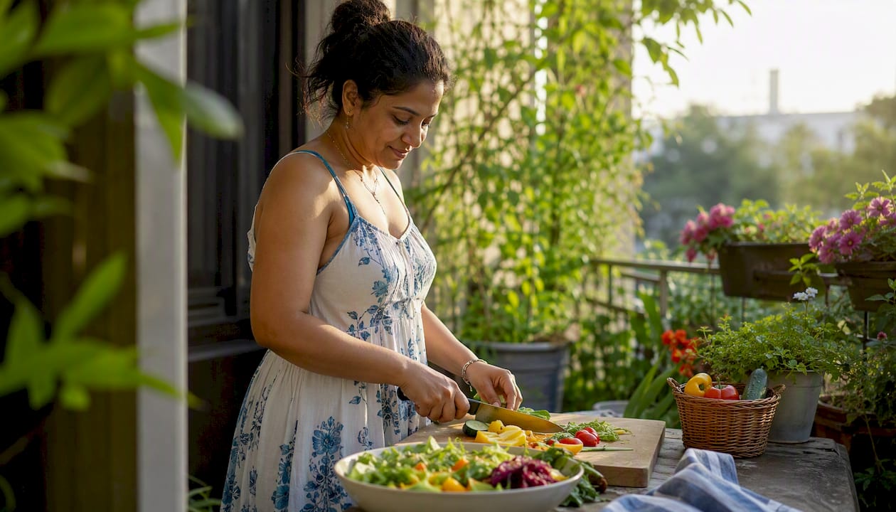 Woman preparing healthy salad in kitchen