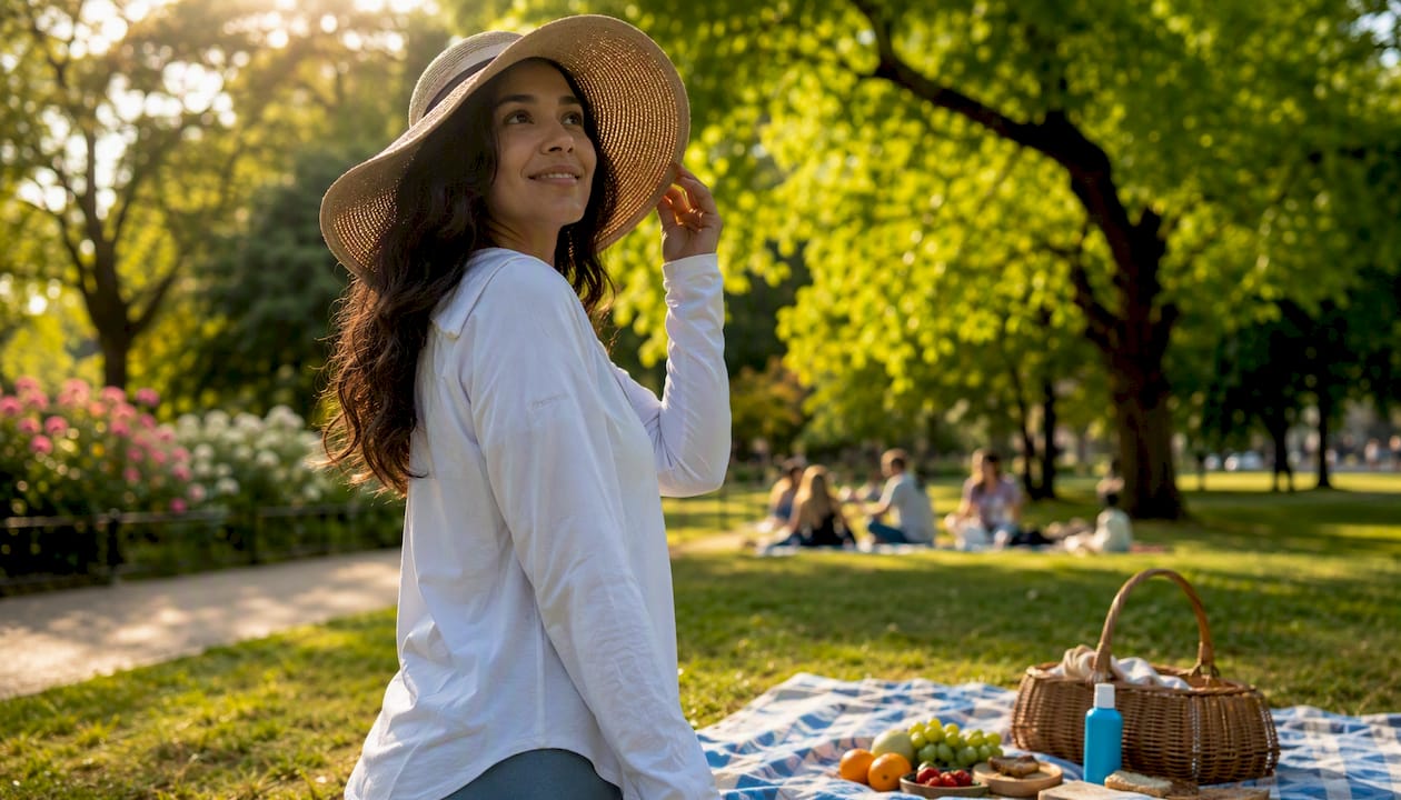 Woman on beach adjusting wide-brimmed hat