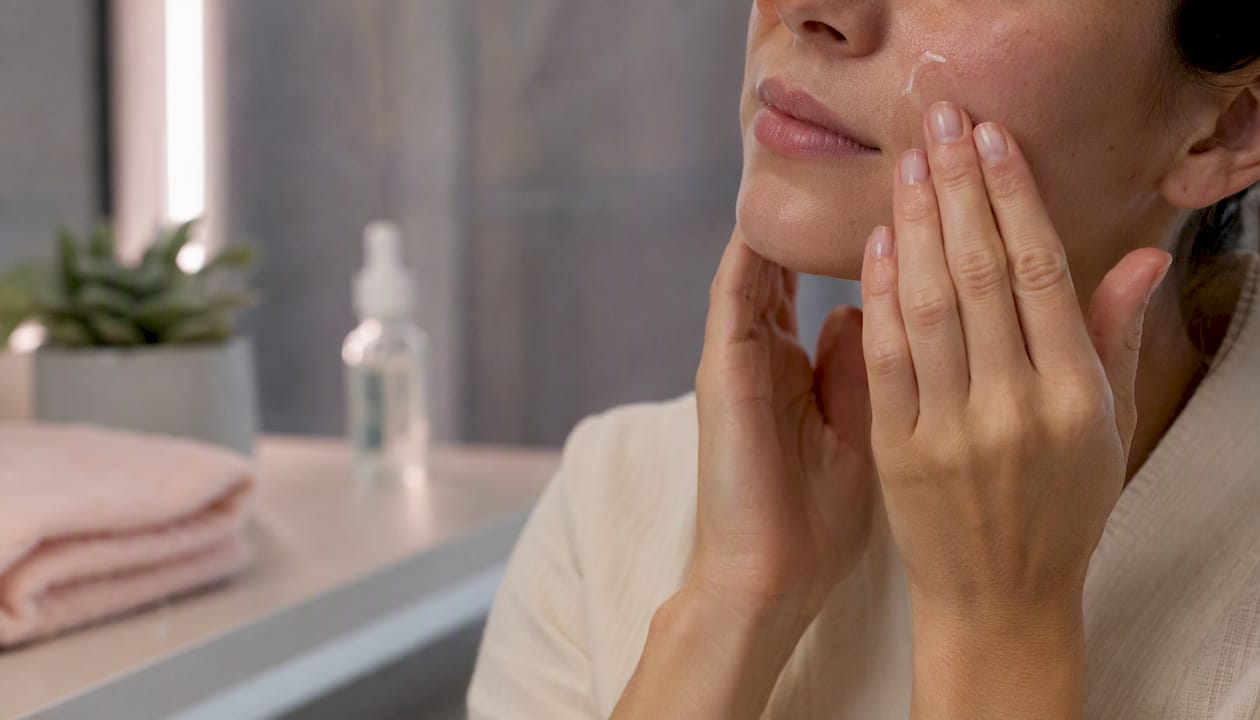 Hands applying serum to face skin