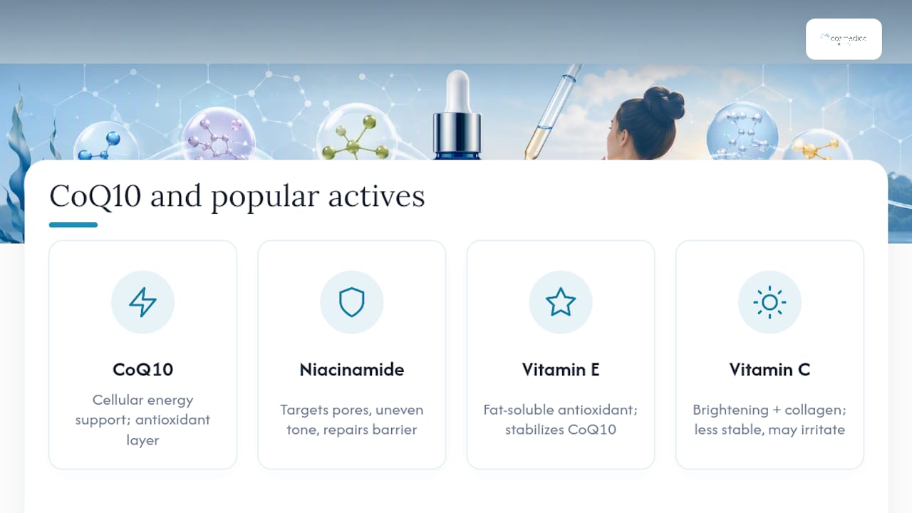 How CoQ10 compares to niacinamide, vitamin E, and other popular actives — overview diagram