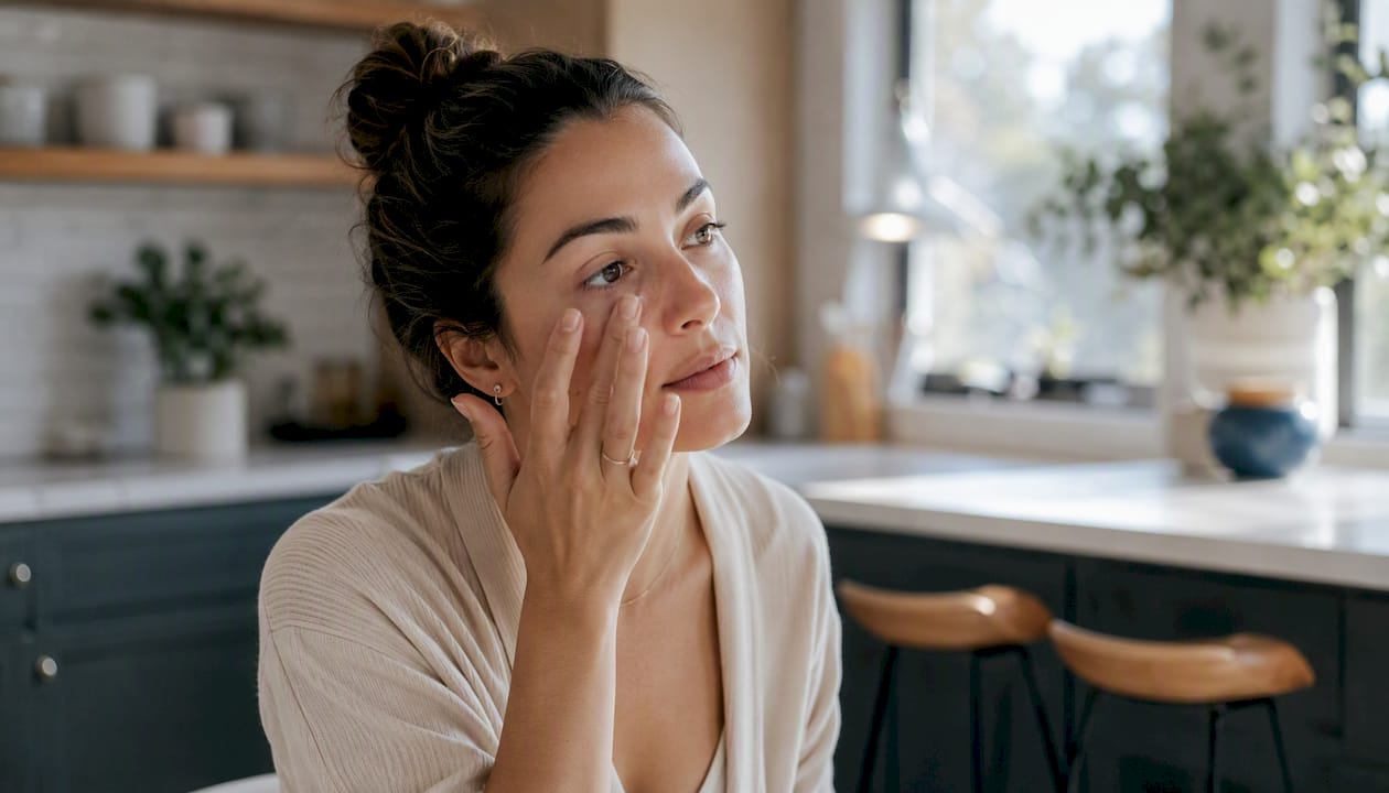 Hand applying serum under under-eye skin