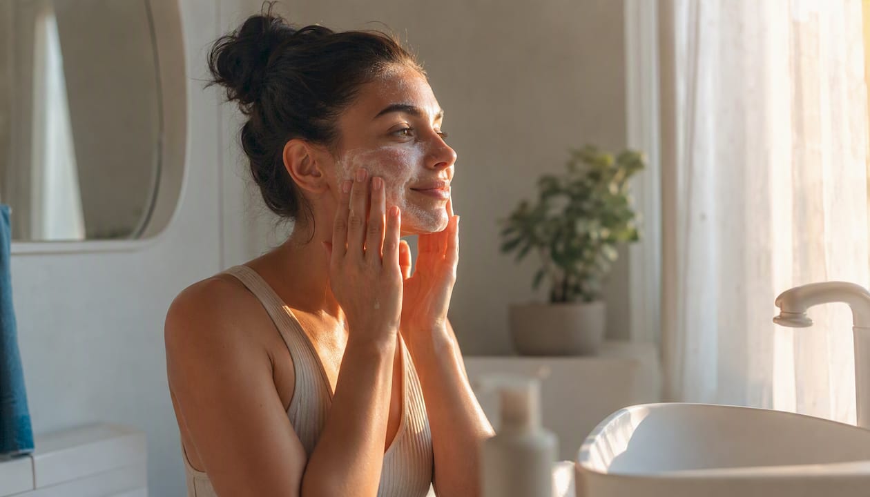 Woman gently cleansing face with foaming cleanser