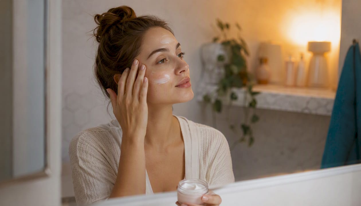 Hands applying gel moisturizer with SPF on face