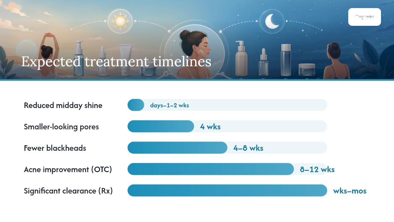 Timeline of skin improvement milestones with oily skin routine